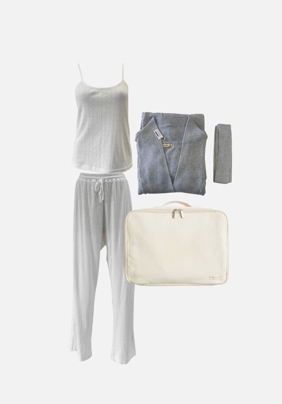 Gift Pack - Dressing Gown, Brooklyn Strappy Tank &amp; Keira Wide Leg Pants - Frost Pointelle