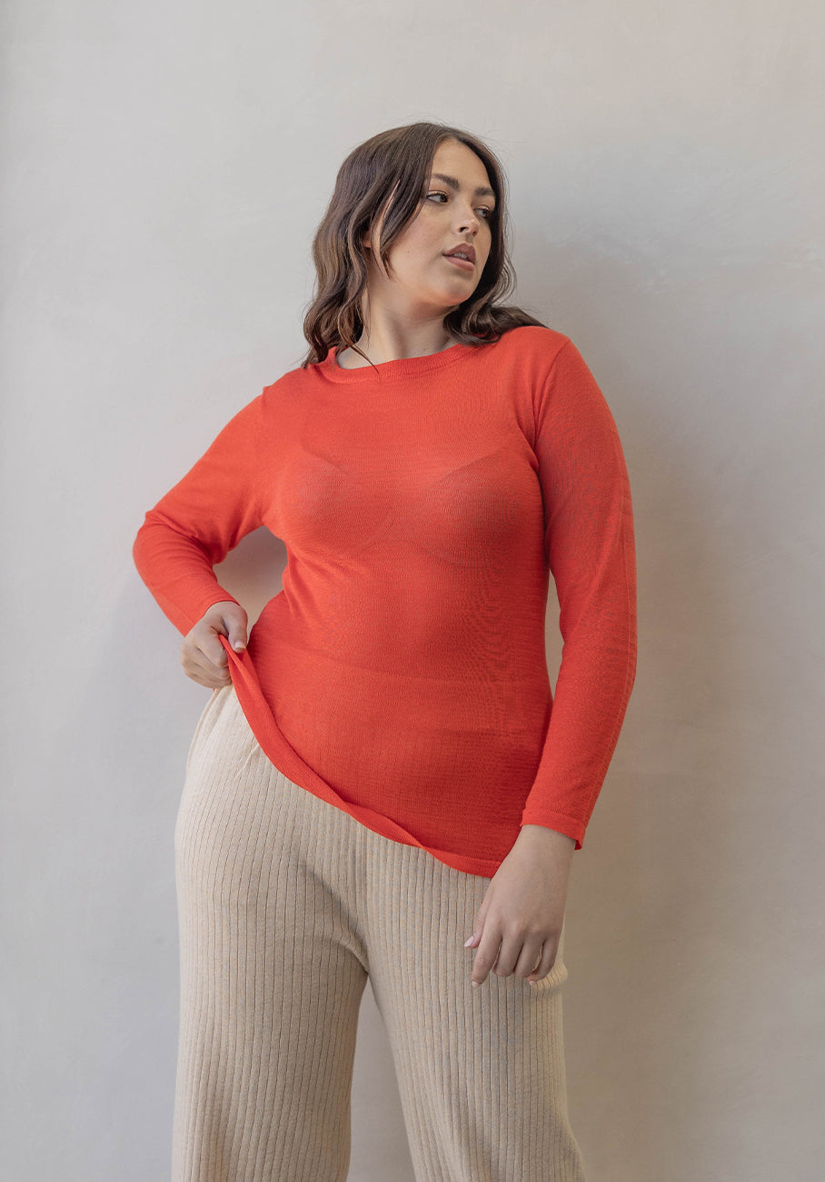 Miann &amp; Co Womens - Venus Sheer Knit Long Sleeve T-Shirt - Tomato