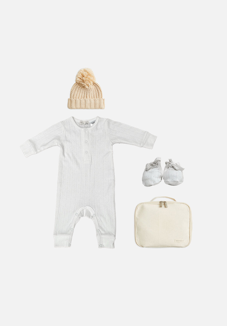 Gift Pack - Long Sleeve Button Down Jumpsuit, Booties &amp; Beanie - Frost Pointelle