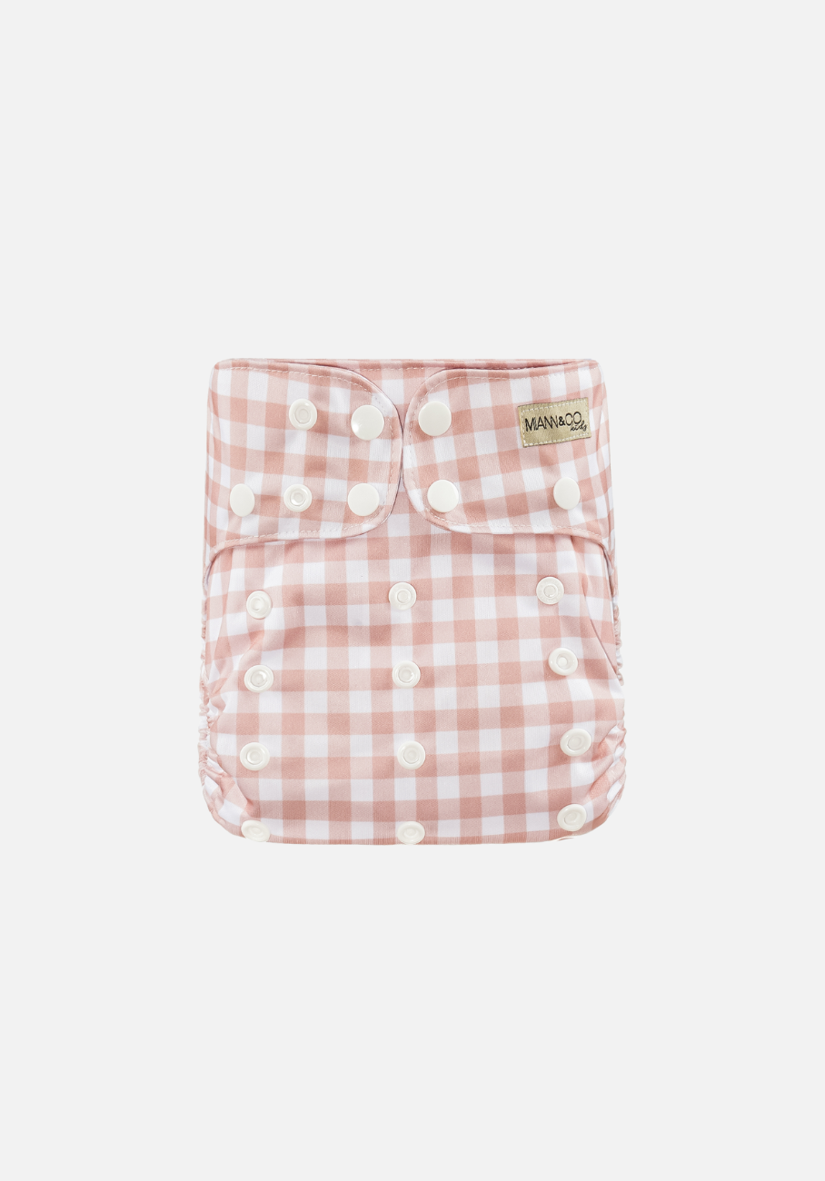 Adjustable and Reusable Modern Cloth Nappy with Bamboo Insert - Miann & Co - Sustainable baby care in Blush Gingham.