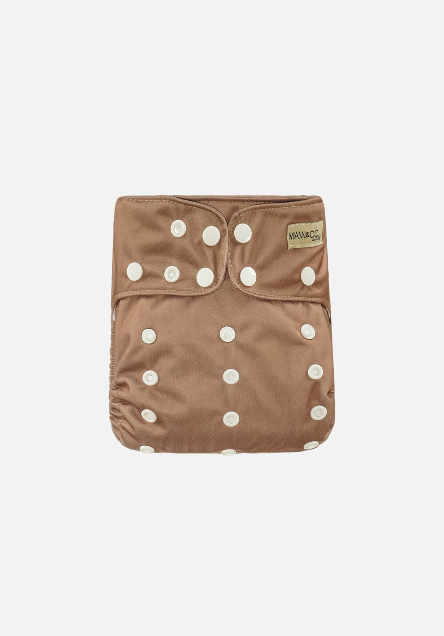 Modern Cloth Nappy in Café Au Lait by Miann &amp; Co - A comfortable and stylish solution for your baby&#39;s needs.