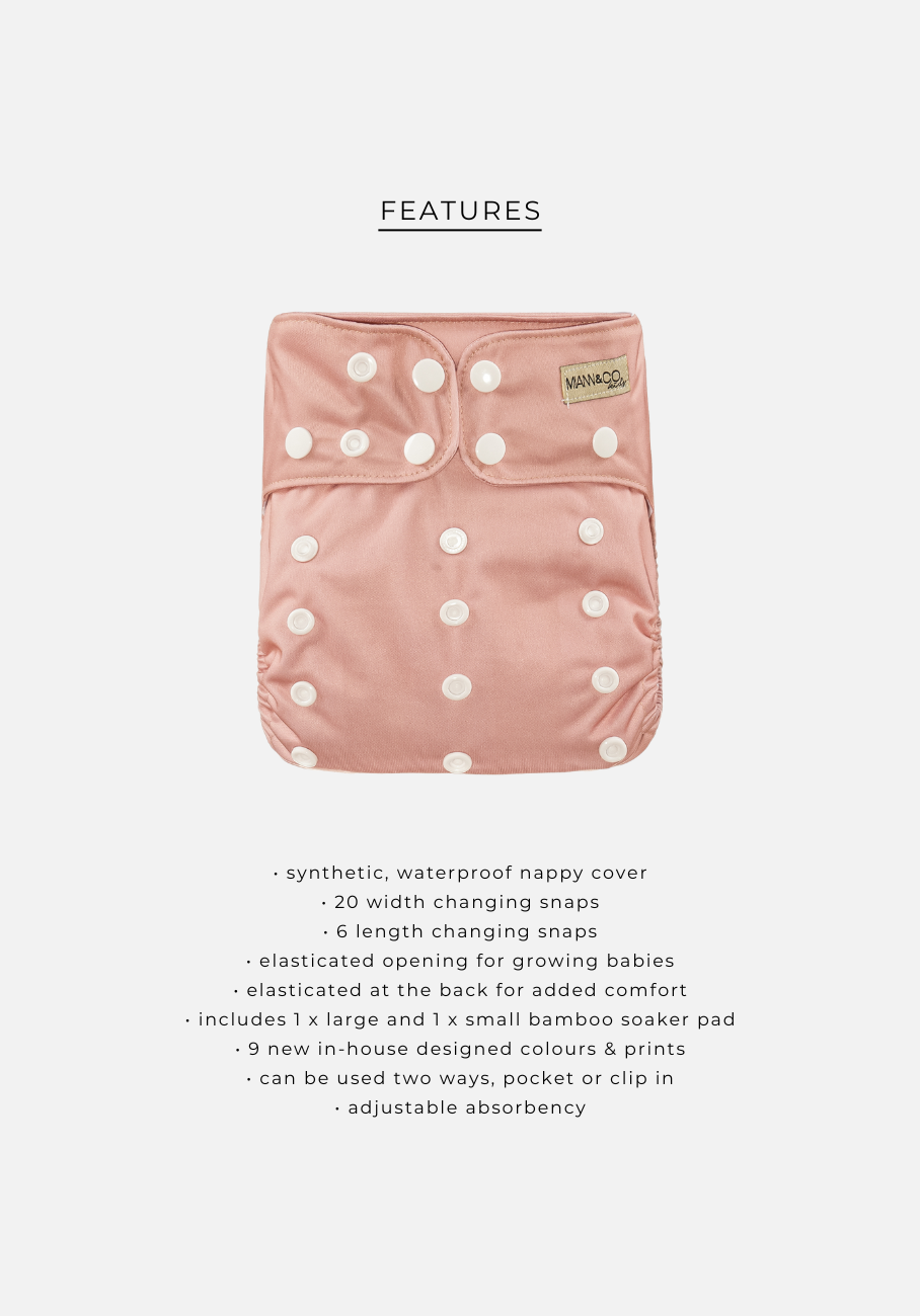 Adjustable and Reusable Modern Cloth Nappy in Blush - Miann &amp; Co - Ideal for eco-conscious parents and their babies.