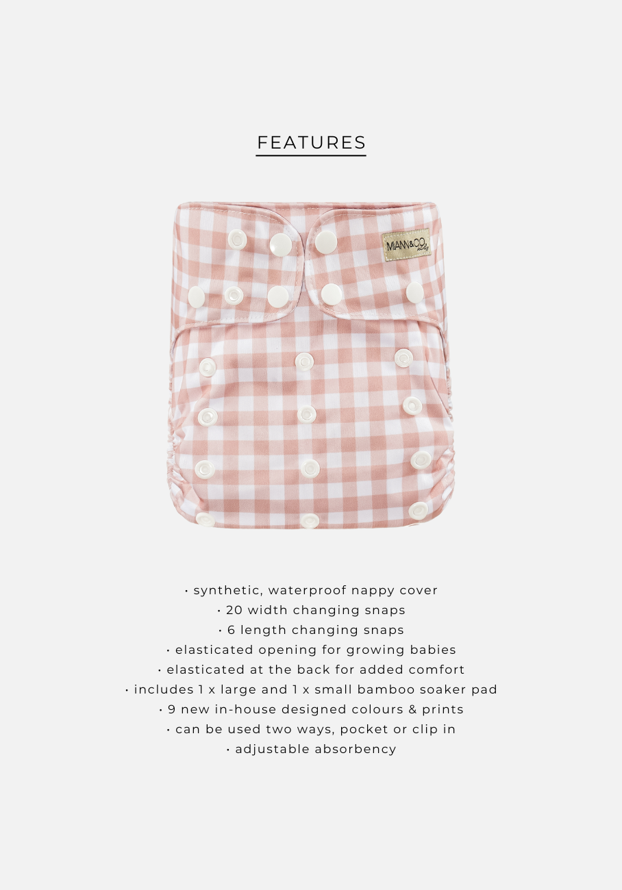 Adjustable and Reusable Modern Cloth Nappy with Bamboo Insert - Miann & Co - Sustainable baby care in Blush Gingham.