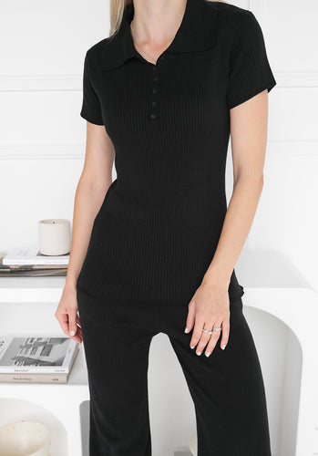 Miann & Co Womens - Florence Button Down Short Sleeve Top - Black