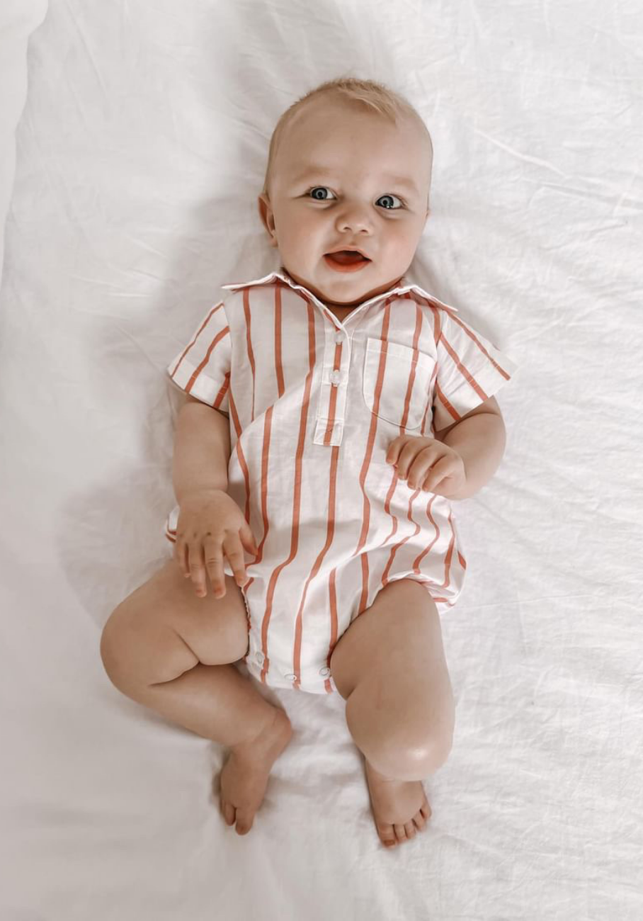 Miann &amp; Co Baby - Short Sleeve Collared Bodysuit - Tomato Stripe
