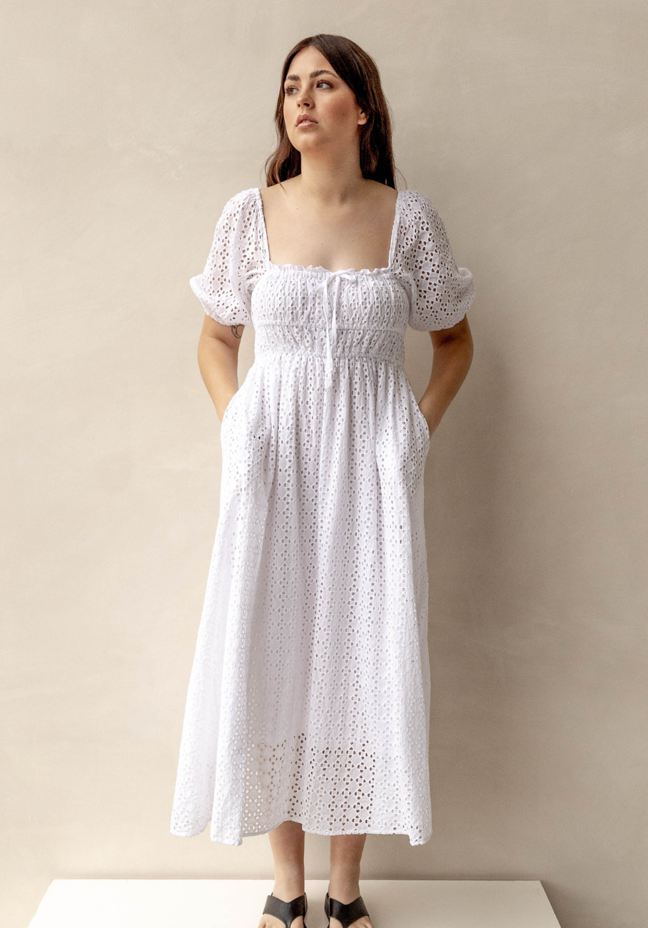 Miann &amp; Co Womens - Ruby Puff Sleeve Milkmaid Dress - Shell Broderie