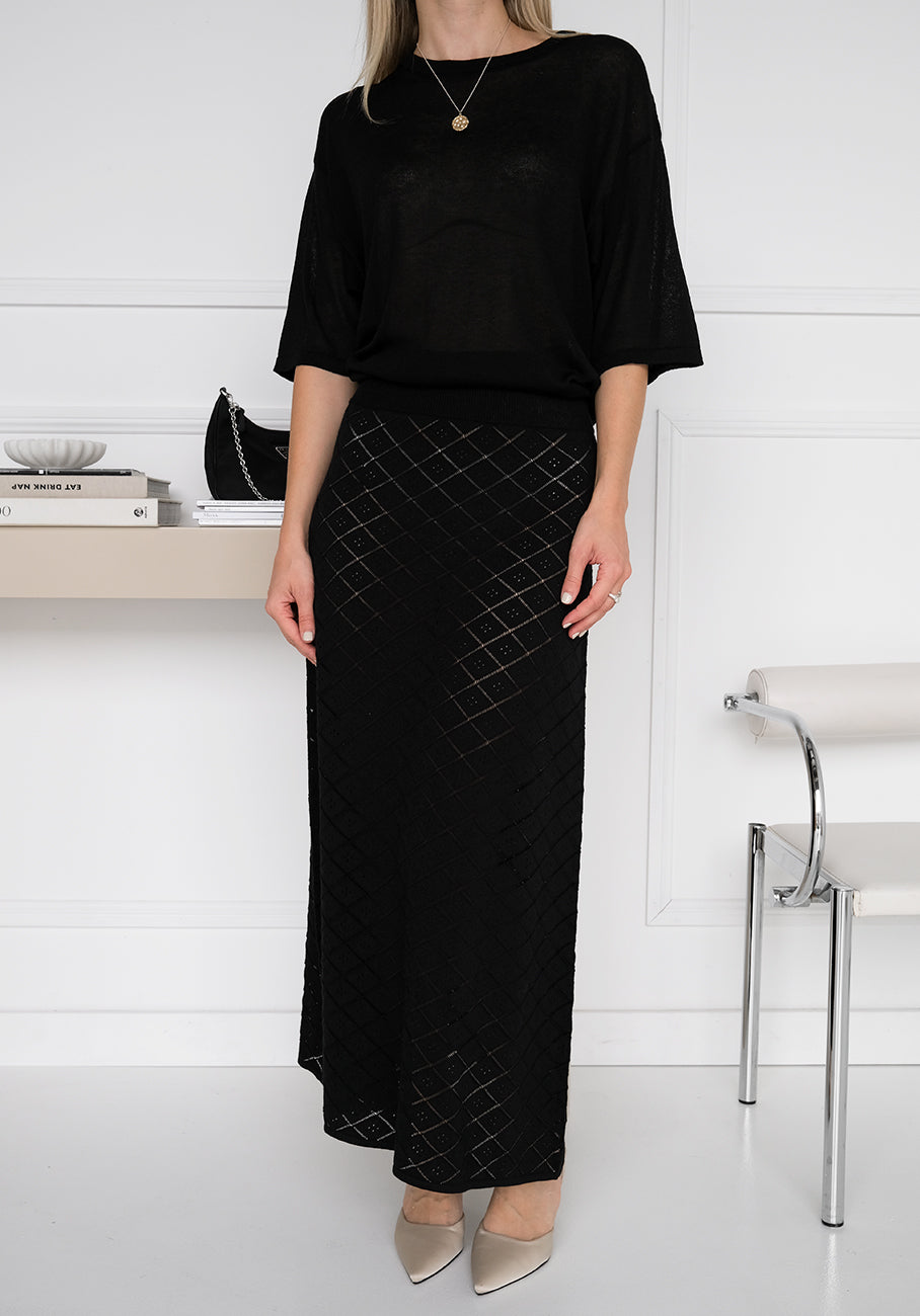 Miann &amp; Co Womens - Charlie Pointelle Knit A-Line Skirt - Black