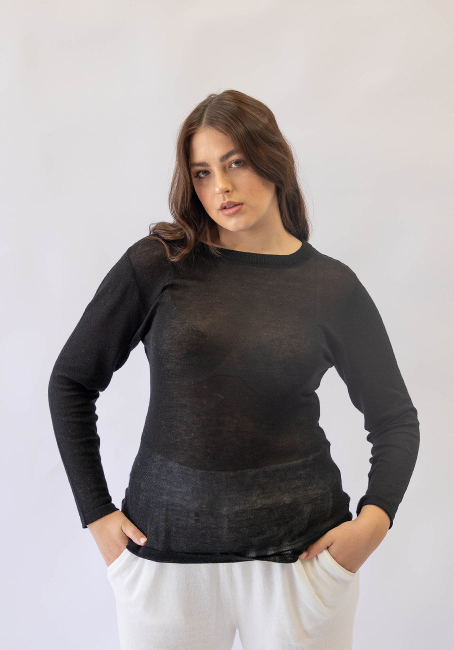 Miann &amp; Co Womens - Venus Sheer Knit Long Sleeve T-Shirt - Black