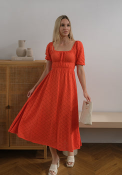 Miann & Co Womens - Ruby Pointelle Knit Milkmaid Dress - Tomato