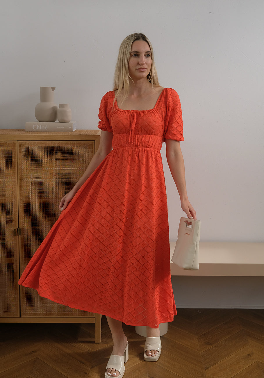 Miann &amp; Co Womens - Ruby Pointelle Knit Milkmaid Dress - Tomato