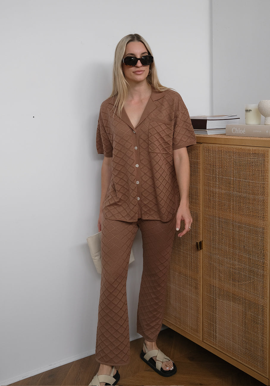 Matching Set - Rue Knit Pointelle Shirt &amp; Sienna Knit Pointelle Pants - Café Au Lait