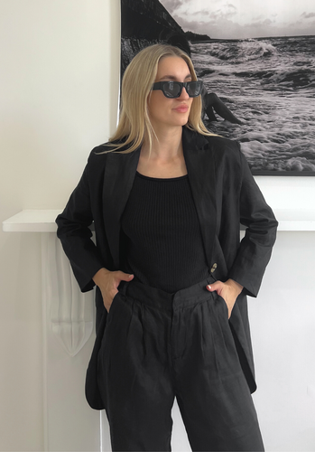 Miann & Co Womens - Dominique Long Line Linen Blazer - Black