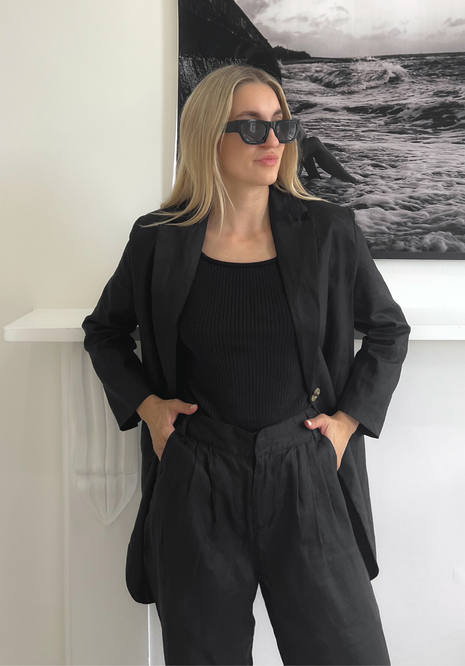 Miann &amp; Co Womens - Dominique Long Line Linen Blazer - Black